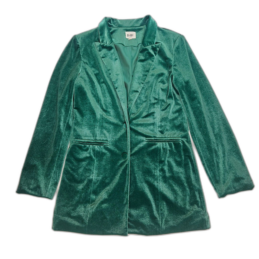 BiBi Women's Small Velour Peak Lapel Blazer Shamrock Green Long Line Jacket